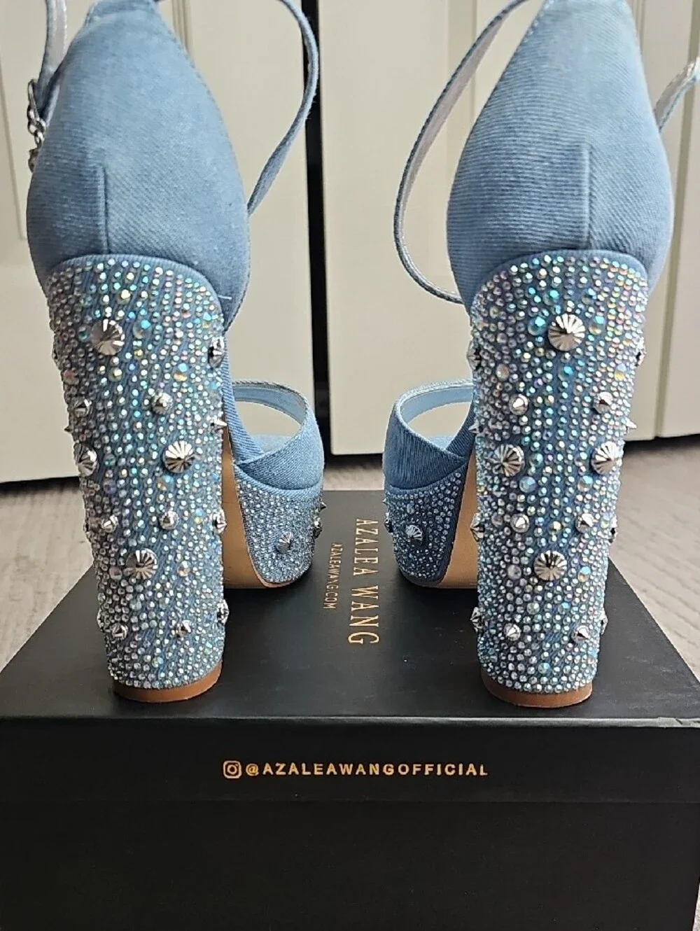 Light Blue Platform Ankle-Strap High Heels with Rhinestone Embellishment